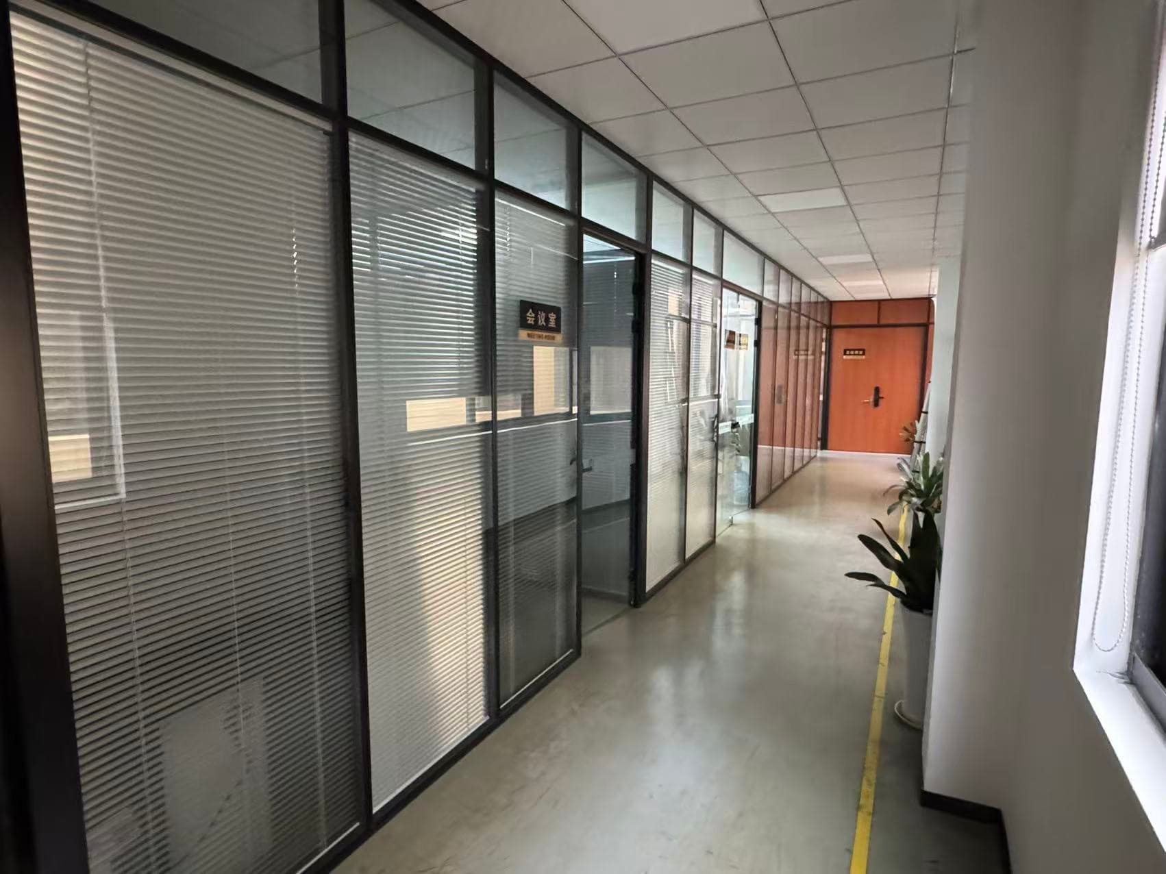 Office corridor with glass-fronted meeting rooms